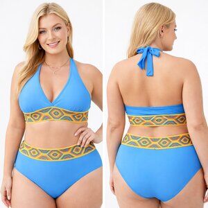 XXL Blue High-Waisted Bikini Set Push-Up Halter Tummy Control Swimsuit NWT